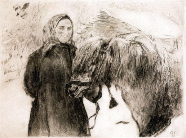 In a Village. Peasant Woman with a Horse